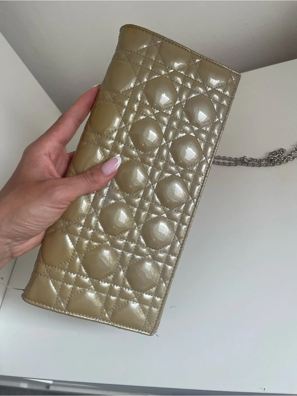Authentic Christian Dior Clutch Cannage Patent Leather Wallet on Chain